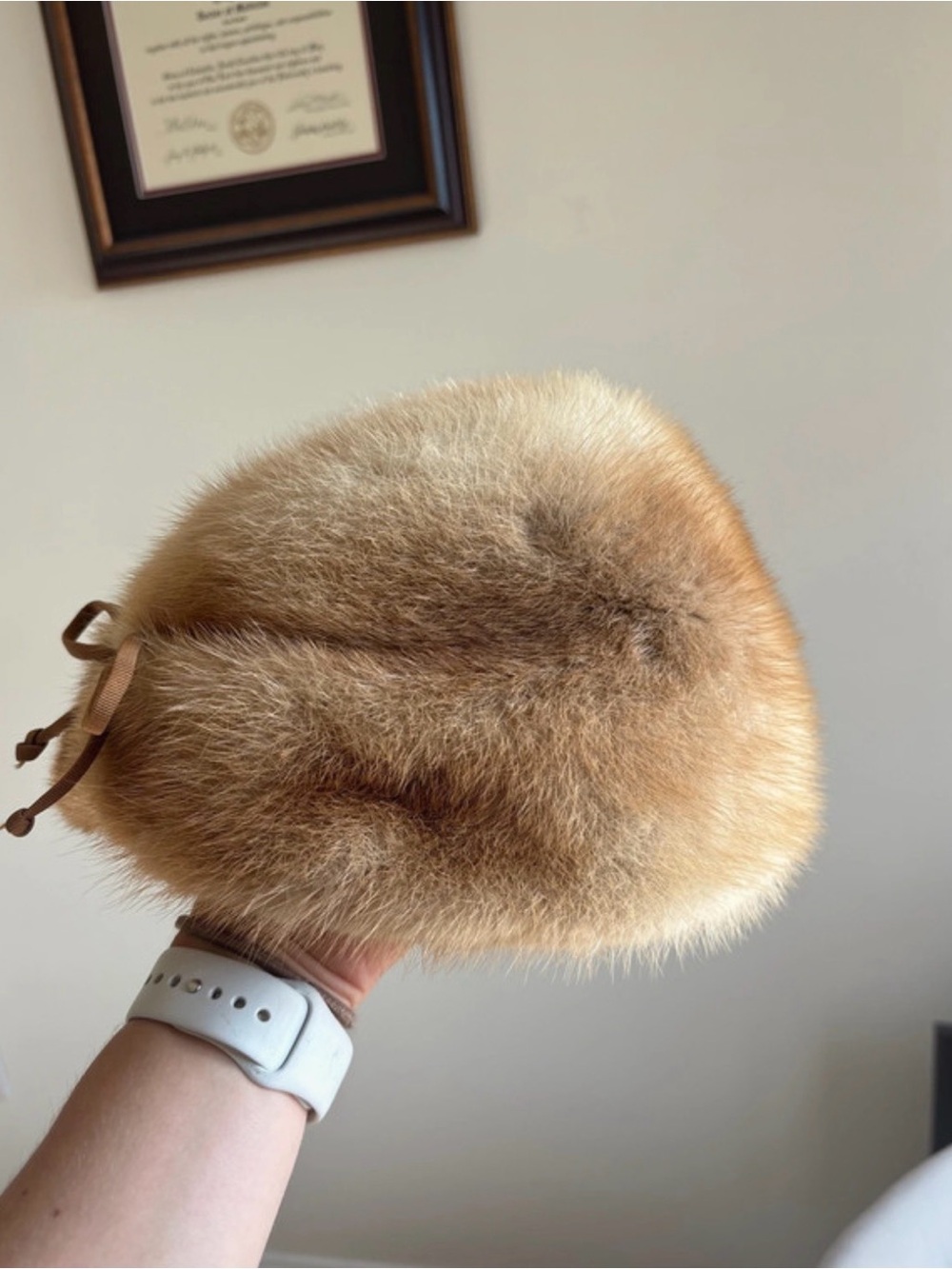 Lux Faux Fur Pom Hat in Honey Brown with Ribbon Tie